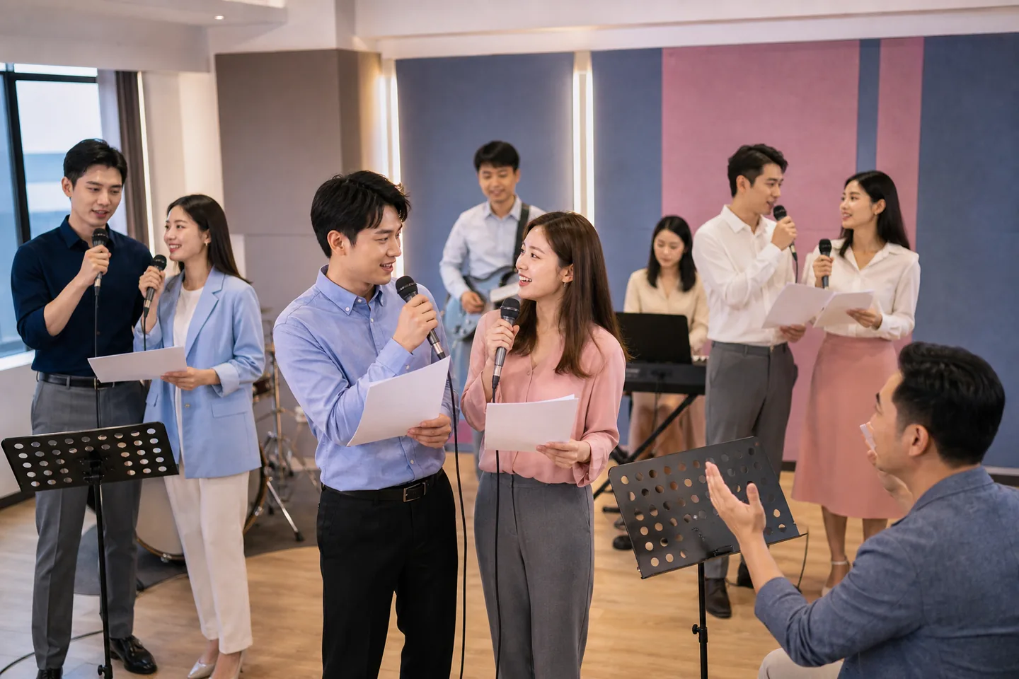 男女员工对唱歌曲集体合练
