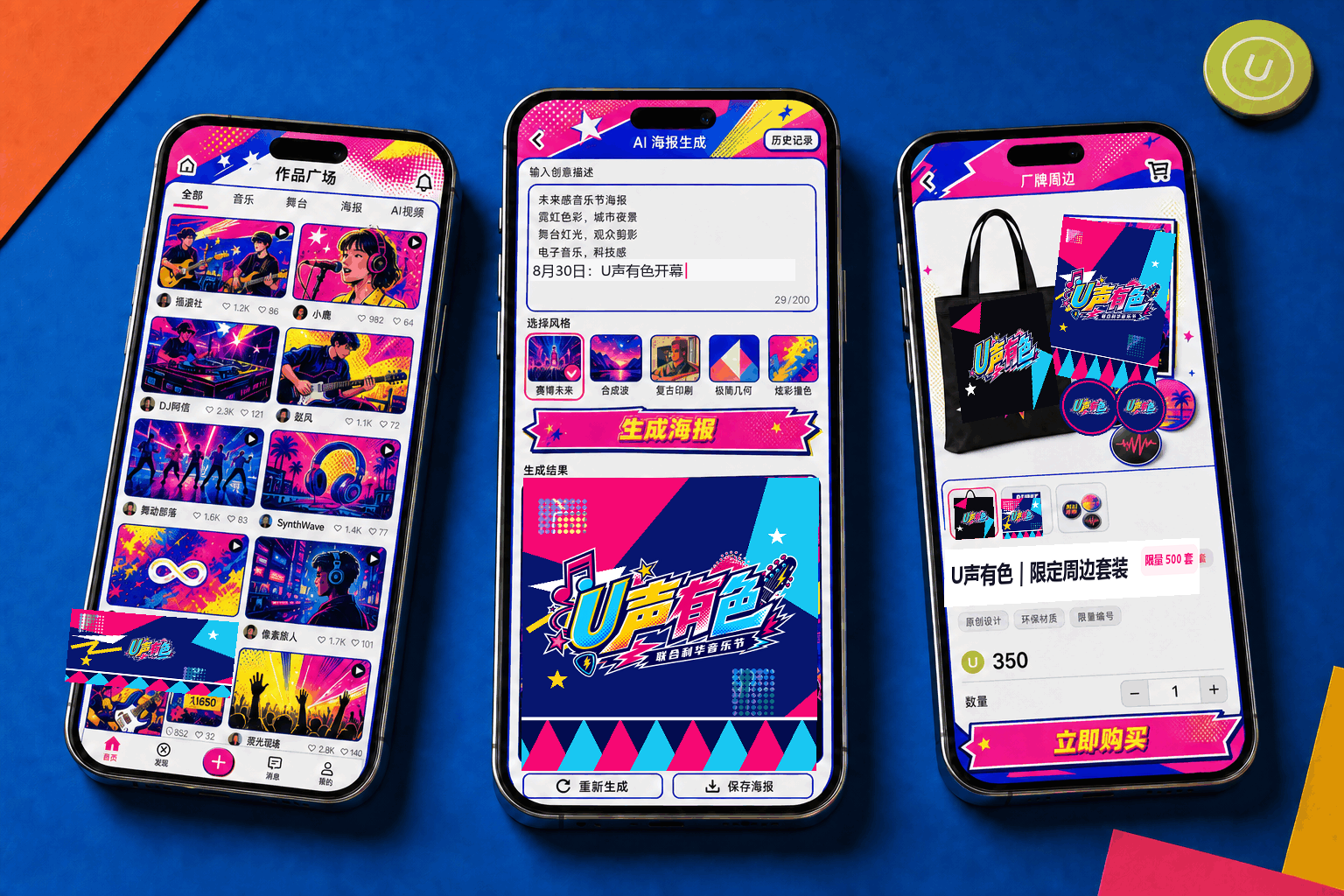 U声有色活动站点波普漫画风作品瀑布流、AI 海报生成和周边购买三屏真机 Mockup